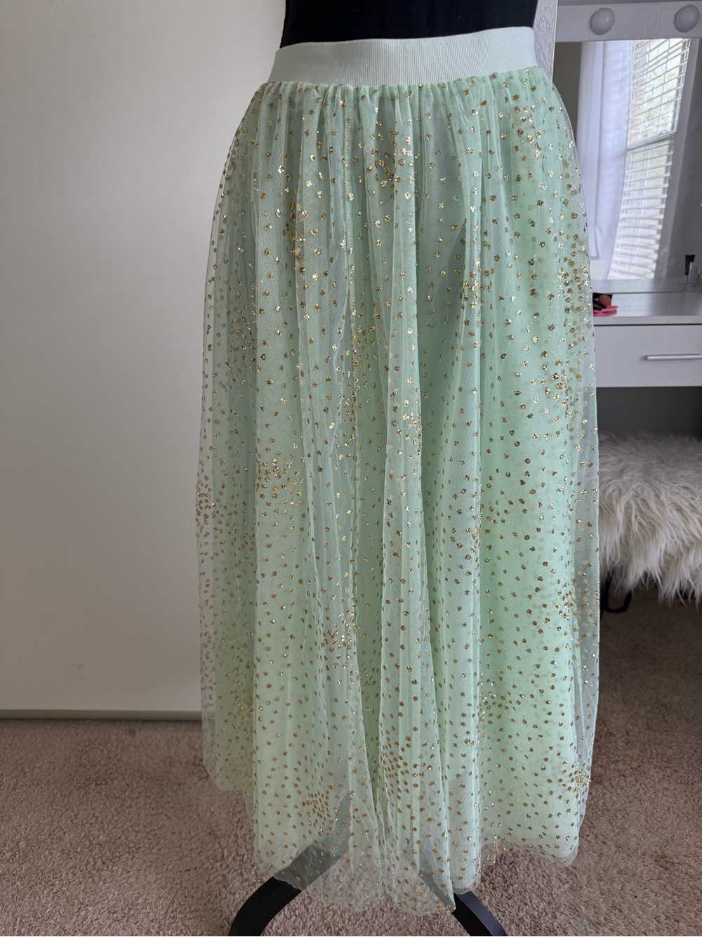 Anthropologie Mint Green Tulle Skirt with Gold Sparkle - Picture 9 of 10